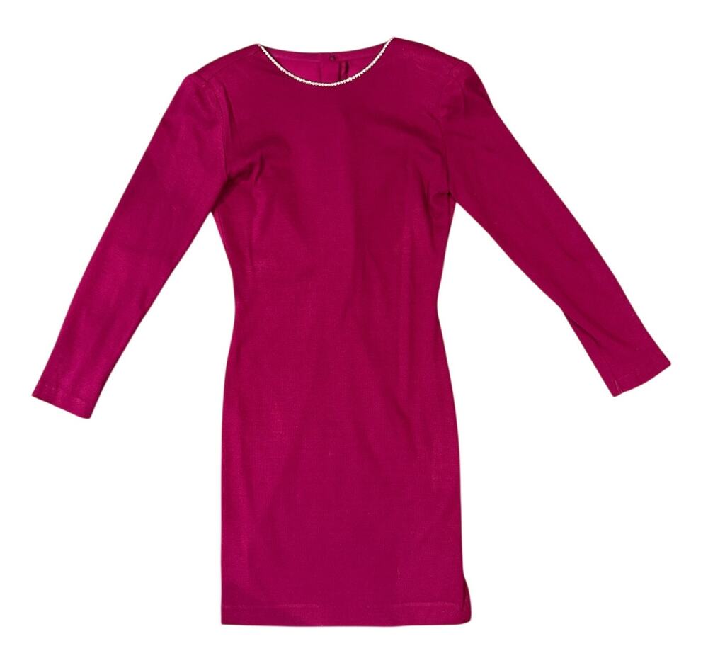 Vntg EST AL Fuchsia Sweater Dress Size 10 Beaded Tassel Back USA Shoulder Pads